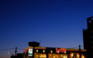 "Casual Dining Restaurant in the Evening, captured with FUJIFILM X100VI."