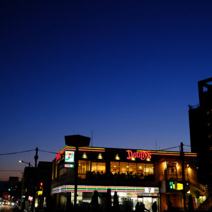 "Casual Dining Restaurant in the Evening, captured with FUJIFILM X100VI."